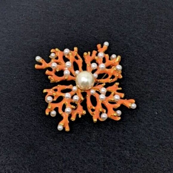 KJL KENNETH J LANE Large Enamel Brooch Coral Branch Faux Pearl Vintage Pin - Picture 3 of 16